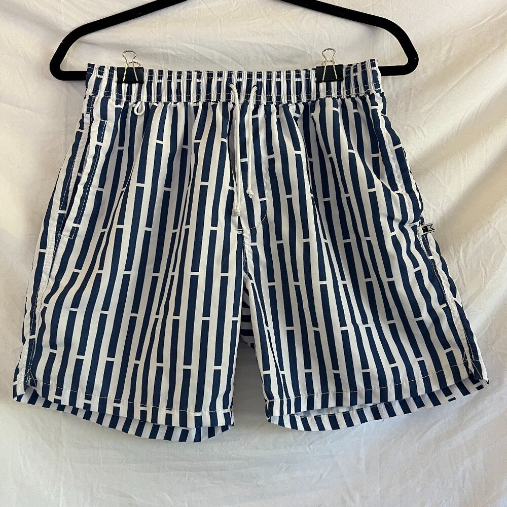 Mens Cotton On Swim Shorts, Blue and White Vertical Stripes, Size Medium